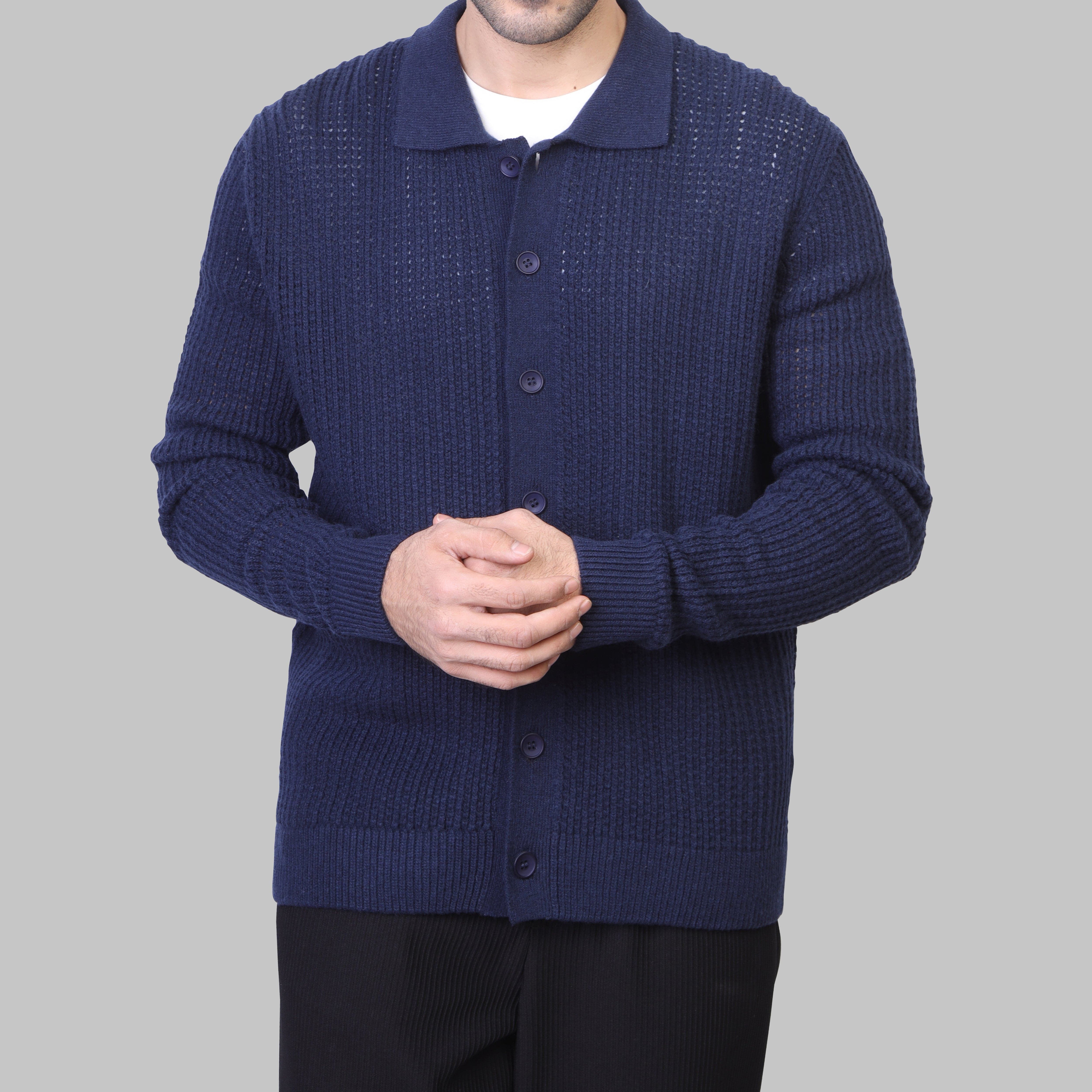 TEXTURED BUTTON-UP LONG SLEEVE PULLOVER - DARK NAVY