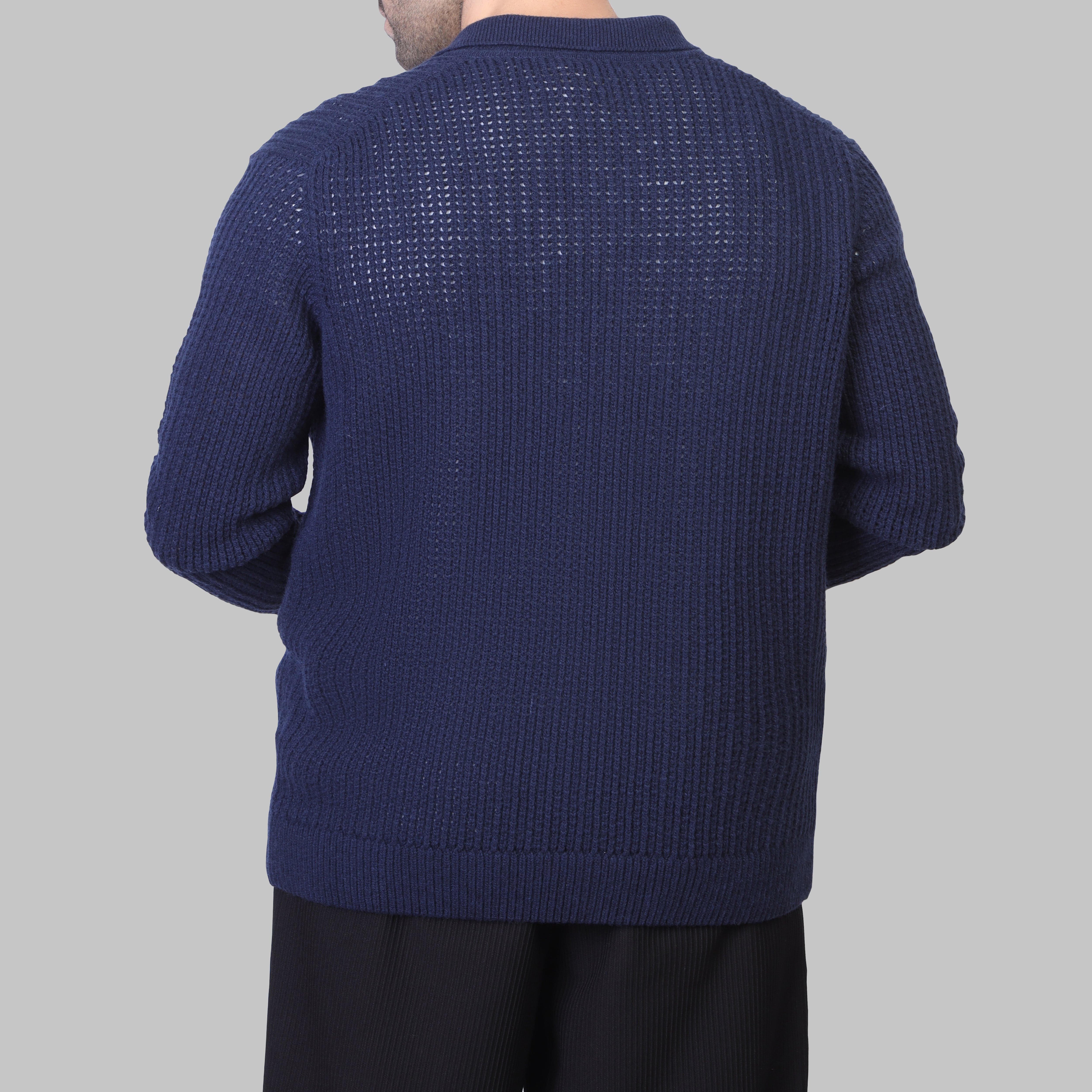 TEXTURED BUTTON-UP LONG SLEEVE PULLOVER - DARK NAVY