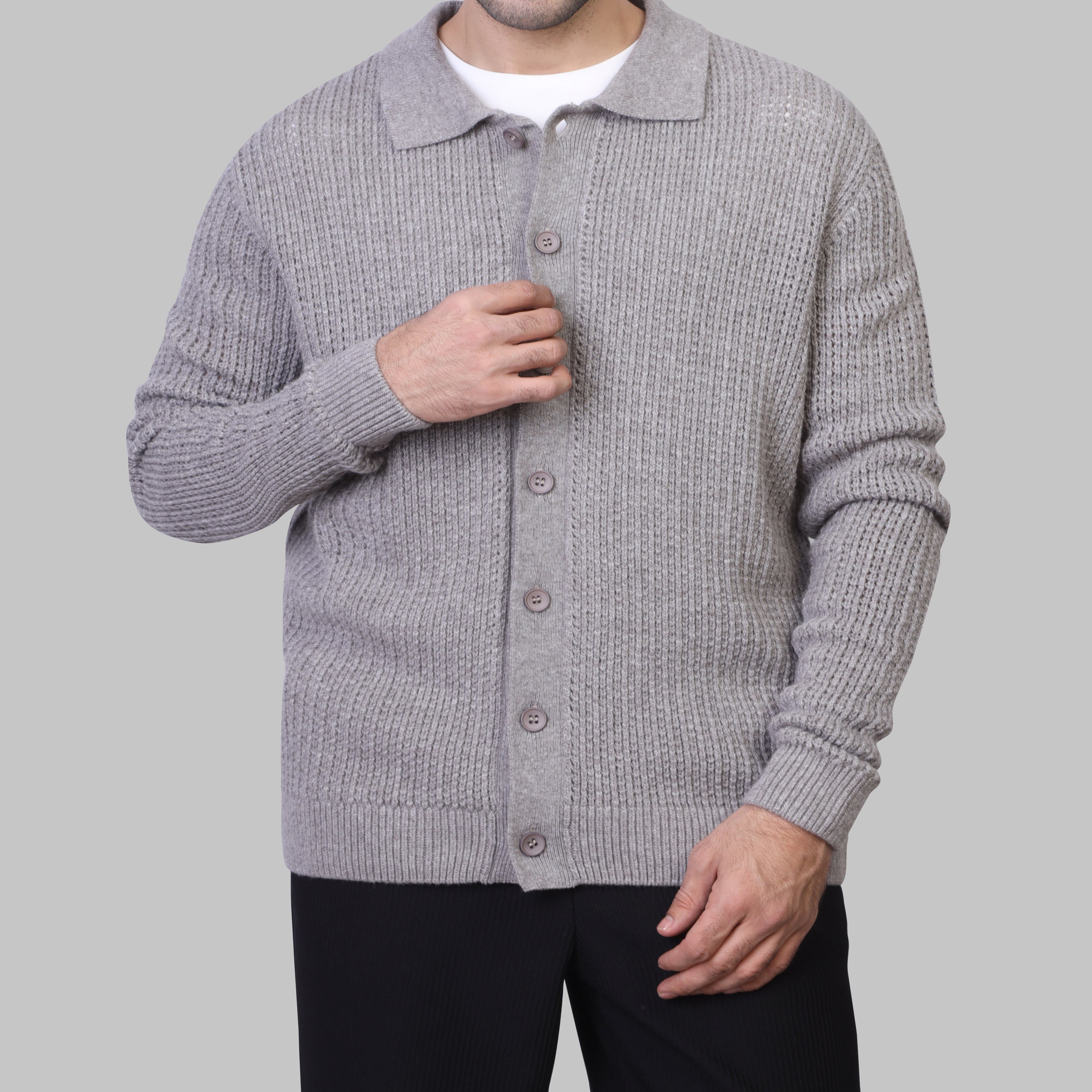TEXTURED BUTTON-UP LONG SLEEVE PULLOVER - GREY